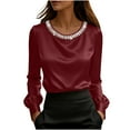 thumbnail image 4 of Silk Satin Womens Plain Oversized Tops Pearl Trim Pullover Shirt Long Puff Sleeves with Elastic Cuffs Lightweight Cozy Blouse Crew Neck Top Casual Elegant Outfits Business Office Work Wear, 4 of 8