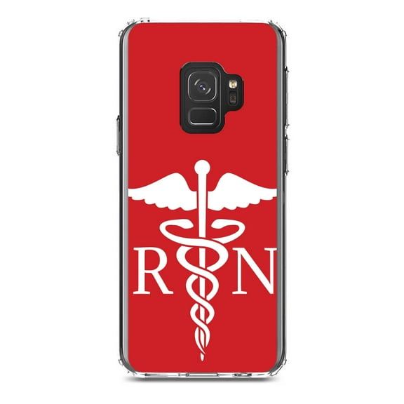 DistinctInk Clear Shockproof Hybrid Case for Samsung Galaxy S9 (5.8" Screen) - TPU Bumper, Acrylic Back, Tempered Glass Screen Protector - RN Registered Nurse Symbol - Support for Nurses