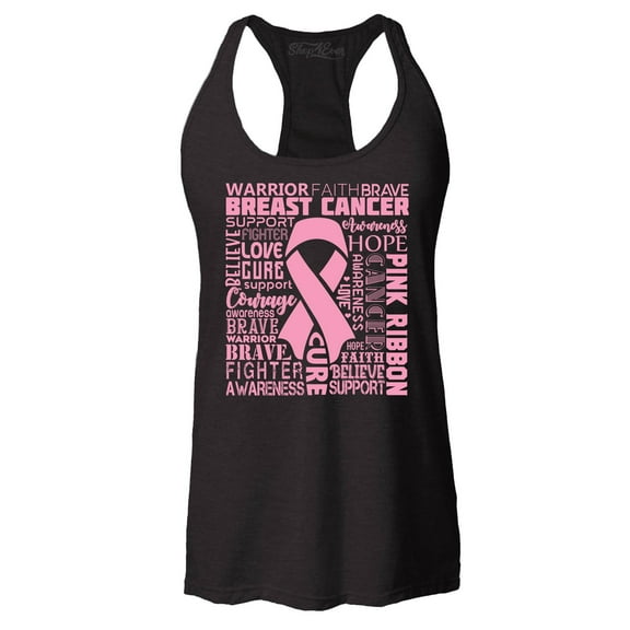Shop4Ever Women's Breast Cancer Awareness Pink Ribbon Word Cloud Racerback Tank Top X-Small Black