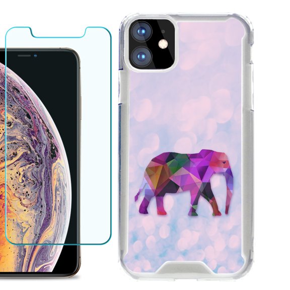 For Apple iPhone 11 Case, Hybrid Bumper Phone Case, with Tempered Glass Screen Protector, by OneToughShield ® - Elephant /Polygon