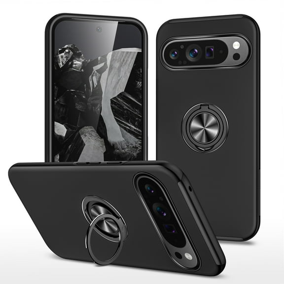 TECH CIRCLE Case for Google Pixel 9 Pro, Pixel 9 Case 6.3" (2024), Plastic Shell Durable Silicone Phone Case with Magnetic Kickstand /Ring Holder, Slim Fit Lightweight Cute Protective Cover, Black