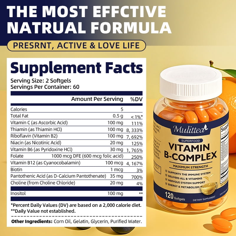 Vitamin B Complex Capsule with Vitamin C & Folic Acid, B Complex Vitamins for Women and Men,120 CT(2 Pack)