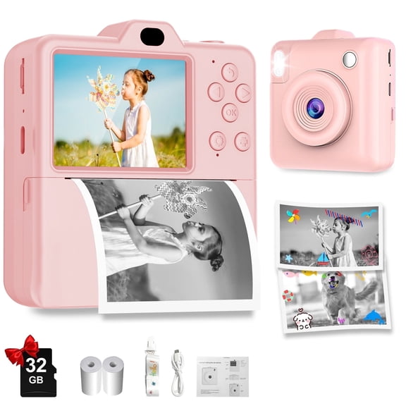 Homeminion 2.4Inch Instant Print Camera for Kids,1080P Kids Dual-Lens Selfie Digital Camera with 2 Rolls Printing Paper and 32G SD Card,Christmas Birthday Gift for Girls and Boys Aged 3-12(Pink)