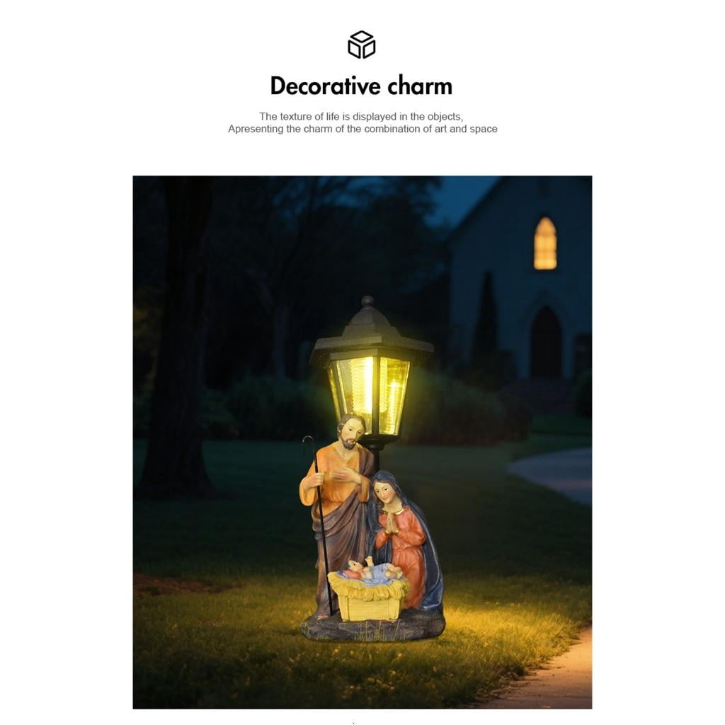 Outdoor Solar Light Religious Nativity Scene Resins Sculpture Christian Holy Family Display Garden Lawn Decoration
