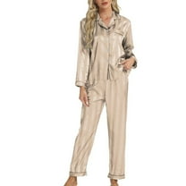 Defitshape Women's Satin Pajama Set Luxury Striped Spring Fall Sleepwear Soft 2 Piece Long Sleeve Button Up Collared Shirt Pants Set Lightweight Pjs Lounge Comfy Pj Set Golden Small
