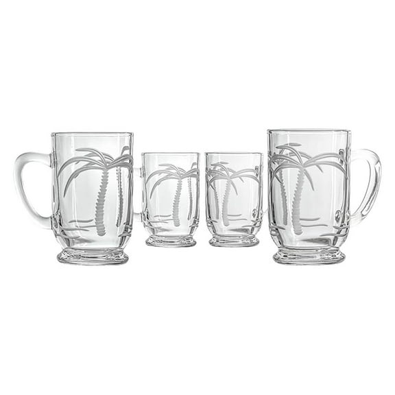 Tropical Drink Glasses - Bolero Mug Set of 4, 16oz Coastal Glassware, Engraved Lead-Free Crystal, Beach Theme Drinkware, Made in USA