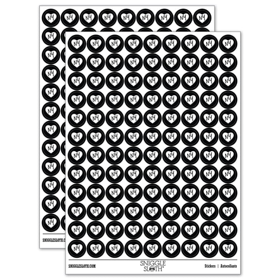NY New York State in Heart 200 Round Stickers - Black - Gloss Finish - 0.50" Size