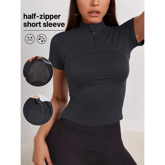Top-kevin Women'S Athletic Top, Short-Sleeve Fitness Shirt with a Half-Zip Design, Mesh Back, Suitable for Running, Cycling, Gym Workouts, And Yoga
