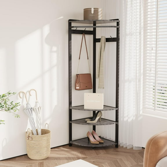 Corner Hall Tree With Shoe Bench Entryway,Corner Coat Rack With 6 Double Hooks,Floor Standing Clothes Rack Corner Clothes Rack With Corner Tree With Shoe Bench Shelf for Entryway,Hallway20*20*71 inch
