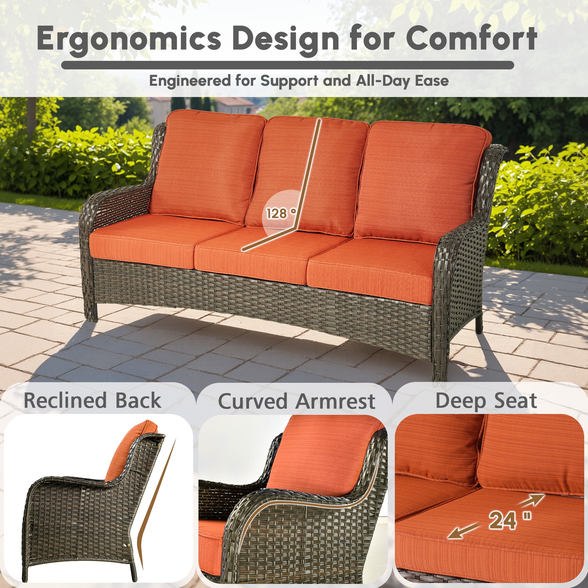 Ovios 7 Piece Outdoor Patio Furniture Set All-Weather Wicker Rattan Conversation Set with High Back Swivel Chairs & Propane Fire Pit Table, Orange Red