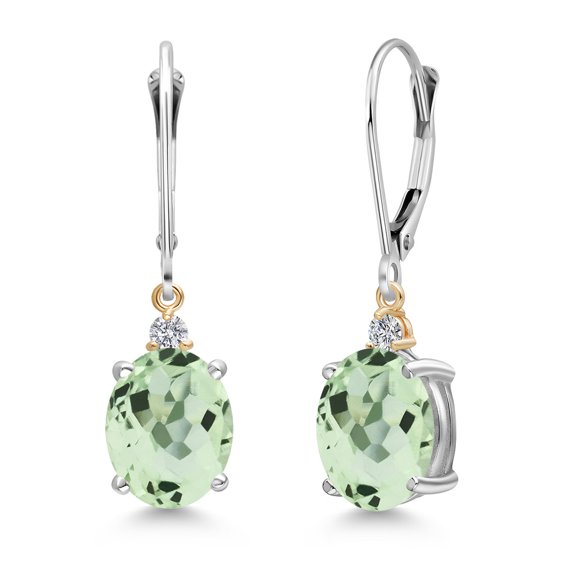 Gem Stone King 925 Silver and 10K Yellow Gold Green Prasiolite and Lab Grown Diamond Dangle Earrings for Women | 4.93 Cttw | Gemstone Birthstone | Oval 10X8MM