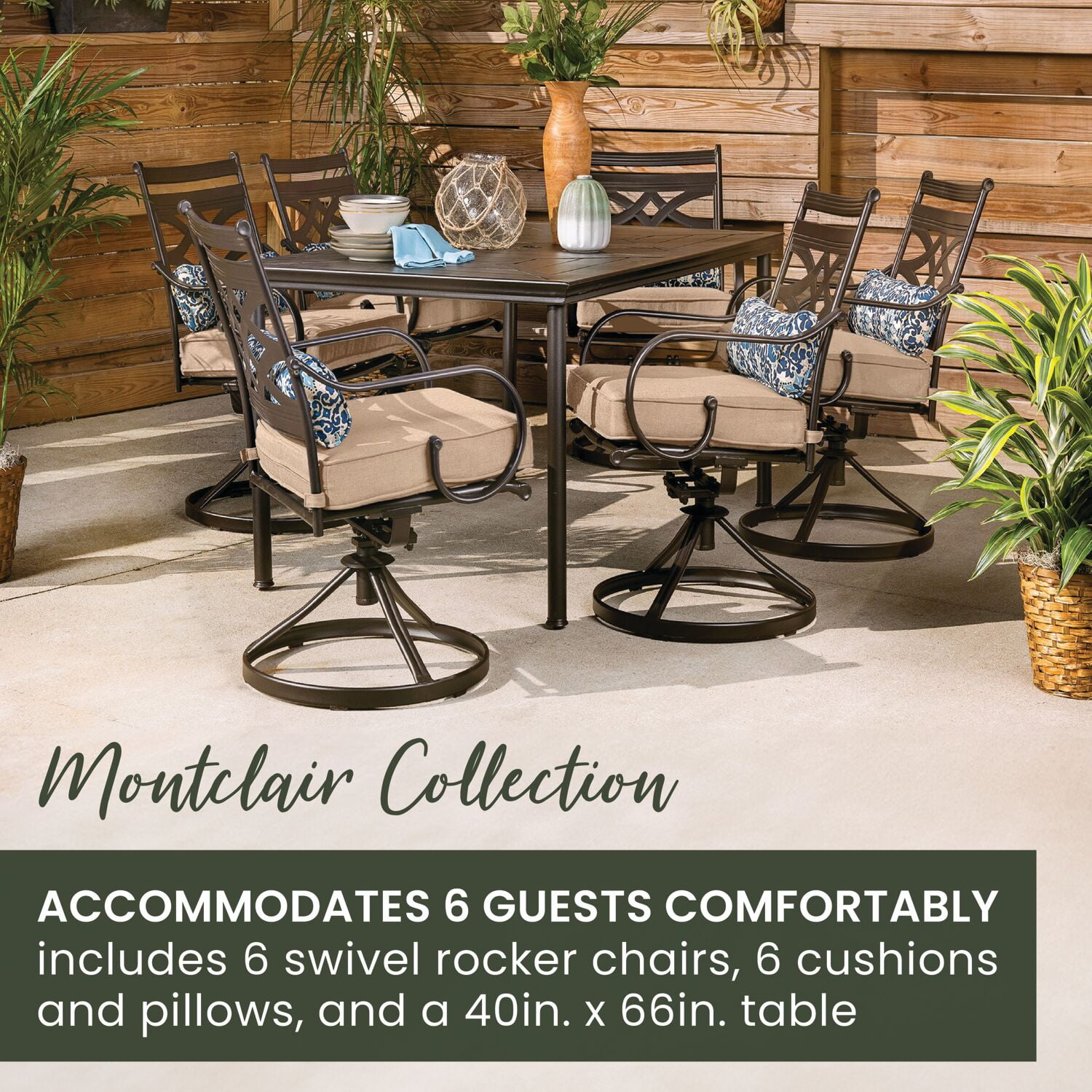Hanover Montclair 7-Piece Steel Dining Set with 6 Swivel Rockers and Dining Table, Seats 6