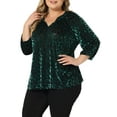 thumbnail image 2 of Unique Bargains Women's Plus Velvet Semi Sheer Bishop 3/4 Sleeve Peplum Top 4X Dark Green, 2 of 6