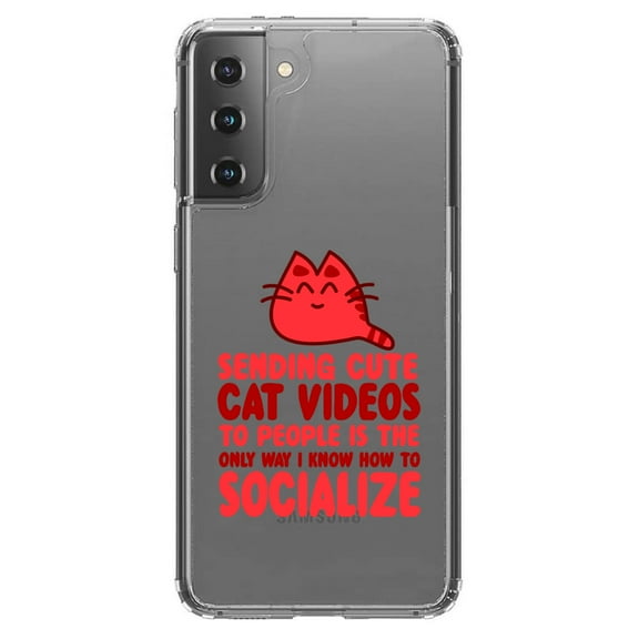 DistinctInk Clear Shockproof Hybrid Case for Galaxy S21 5G (6.2" Screen) - TPU Bumper Acrylic Back Tempered Glass Screen Protector - Sending Cute Cat Videos How I Socialize