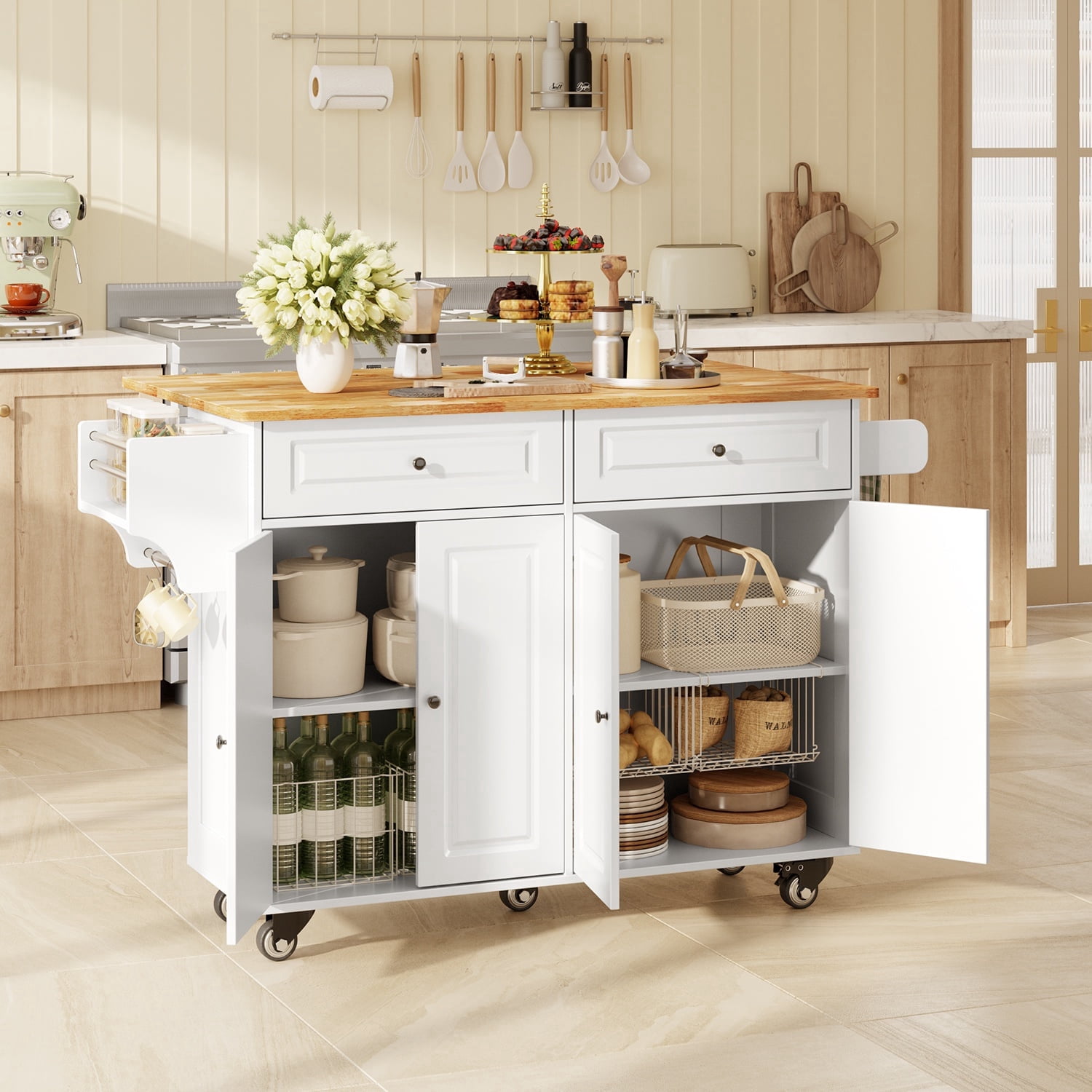 Noelse Rolling Kitchen Island Table with Storage, Drop Leaf Countertop, Kitchen Island with Rubber Wood Top, Cabinets & Rack, White