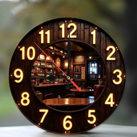 Vintage Pub Clock Wall Decor， Illuminated Bar Sign 10-Inch Silent Wooden Wall Clock, Battery Operated (AA Batteries Not Included), Artistic Home Decor