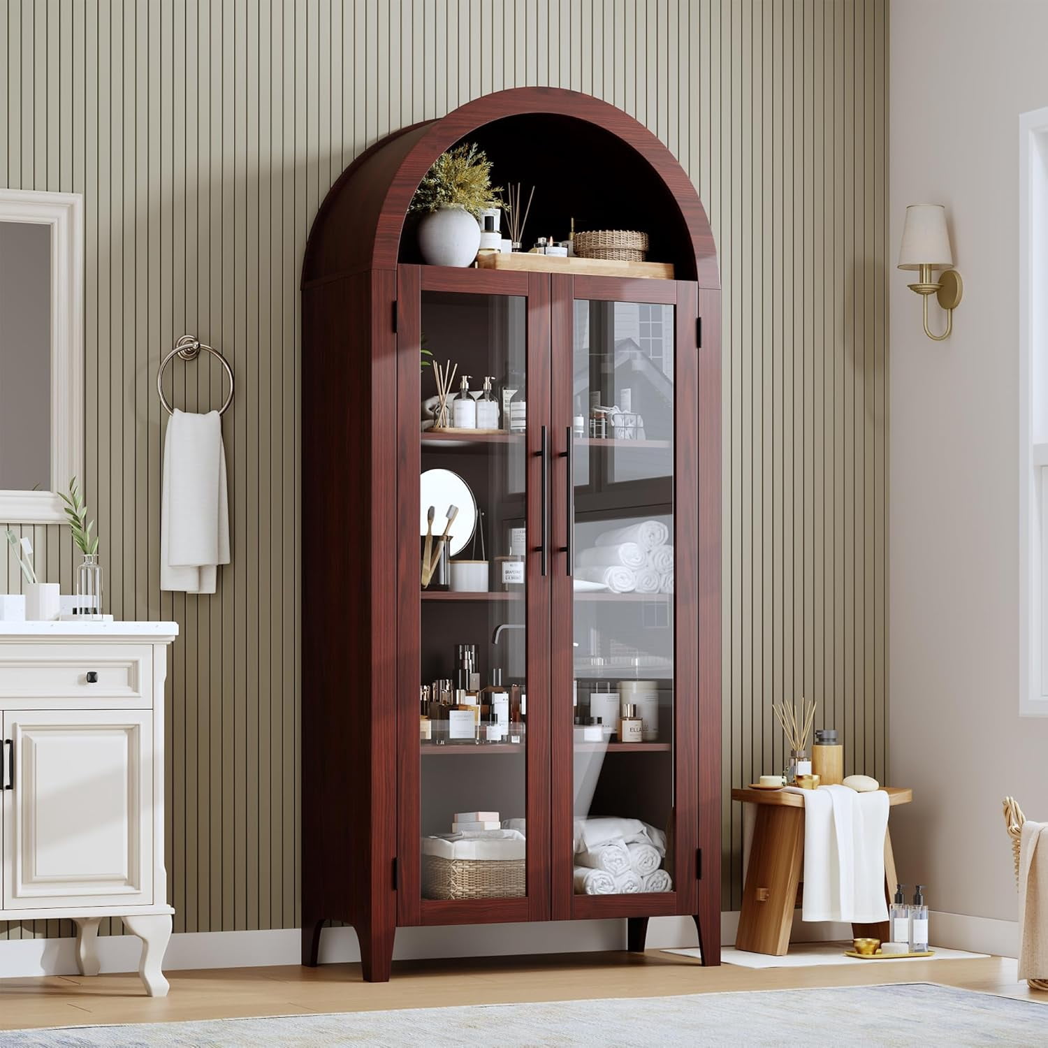 Memoryfield Farmhouse 5 Tier Bookcase Display Shelf, with Adjustable Shelf and 2 Large Glass Doors, Arched Kitchen Pantry Cabinet, Versatile Storage Cupboard, Walnut