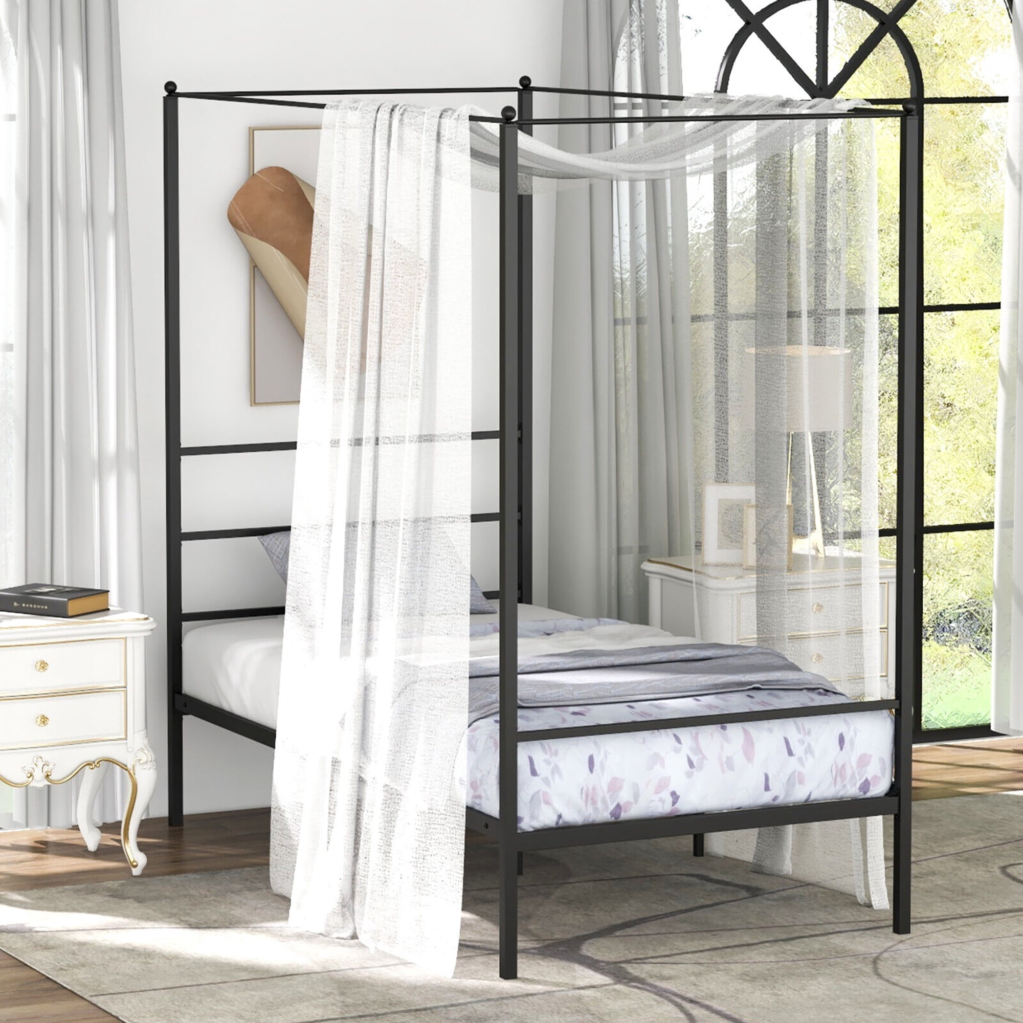 Gymax Twin Metal Canopy Platform Bed Frame Mattress Foundation w/ Slat Support