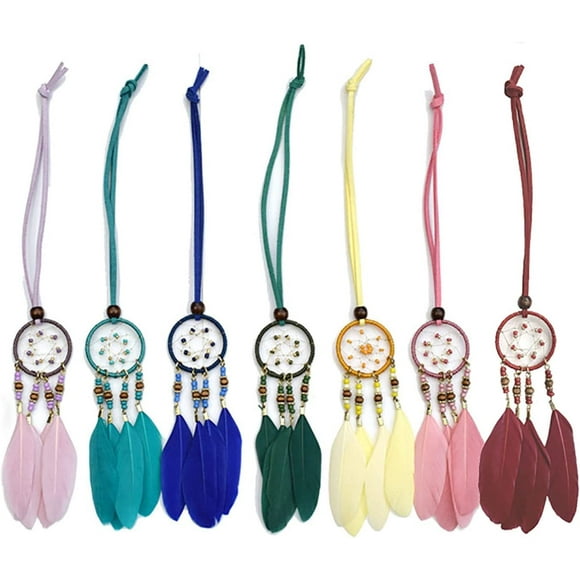 QUETO Lot de 7 mini attrape-rêves pour miroir intérieur de voiture, sac suspendu, attrape-rêves, décoration mignonne à suspendre, plume naturelle, petit pendentif bohème pour voiture, accessoires, pen