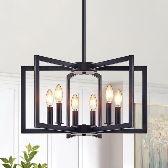 Resenkos 22-Inch 6-Light Modern Geometric Chandelier, Industrial Black Metal Pendant Light Fixture for Dining and Living Rooms, Black