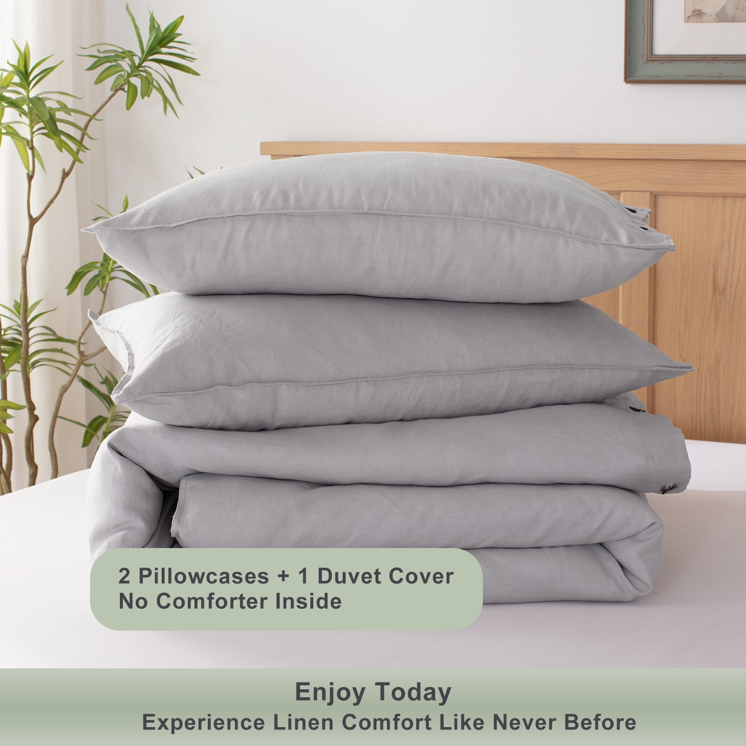 TOSMO 100% Linen Duvet Cover Set with Button Closure, 3 Pieces (1 Duvet Cover with 2 Pillowcases), Soft Breathable Durable Farmhouse Bedding