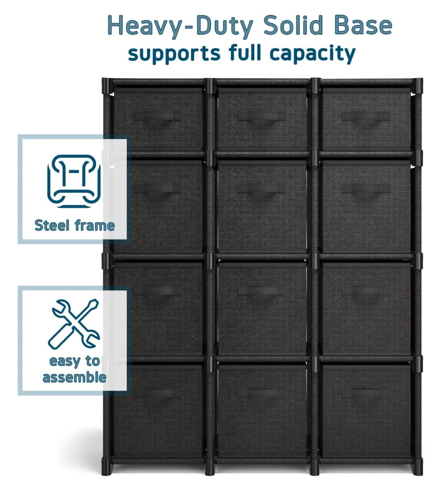 12 Cube Storage Organizer - Black Cube Organizer Shelf, DIY Storage Cubes Organizer Shelves with Fabric Storage Cubes, Sturdy Cubbies Storage Shelves, Cube Storage Shelf for Bedroom, Playroom and More