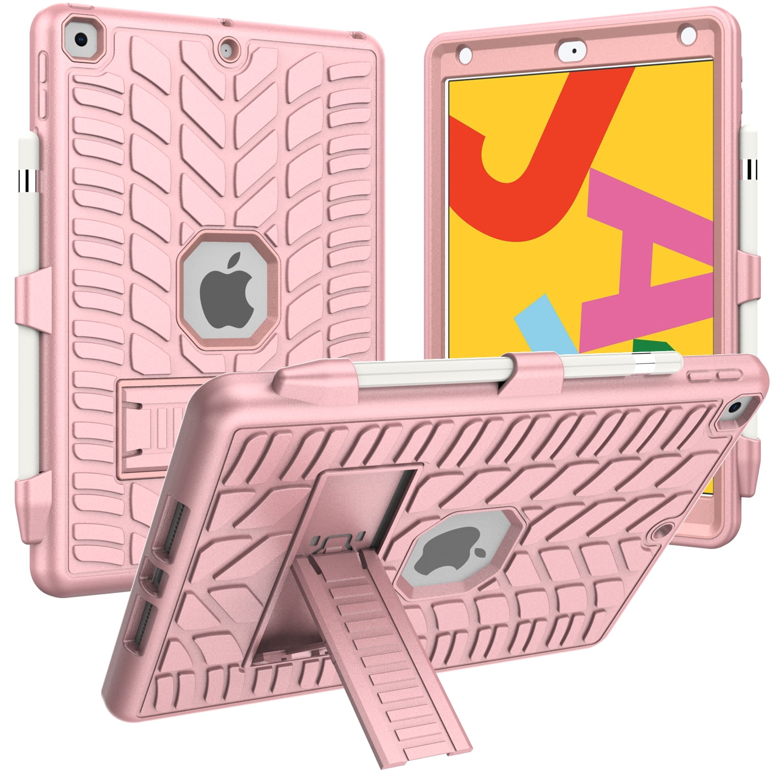 iPad 10.2 Case 7th Generation with Pencil Holder, Allytech Hybrid Dual Layers Heavy Duty Shockproof Defender Build Kickstand Drop Protection Case Cover for Apple iPad 7th Gen 2019,Pink