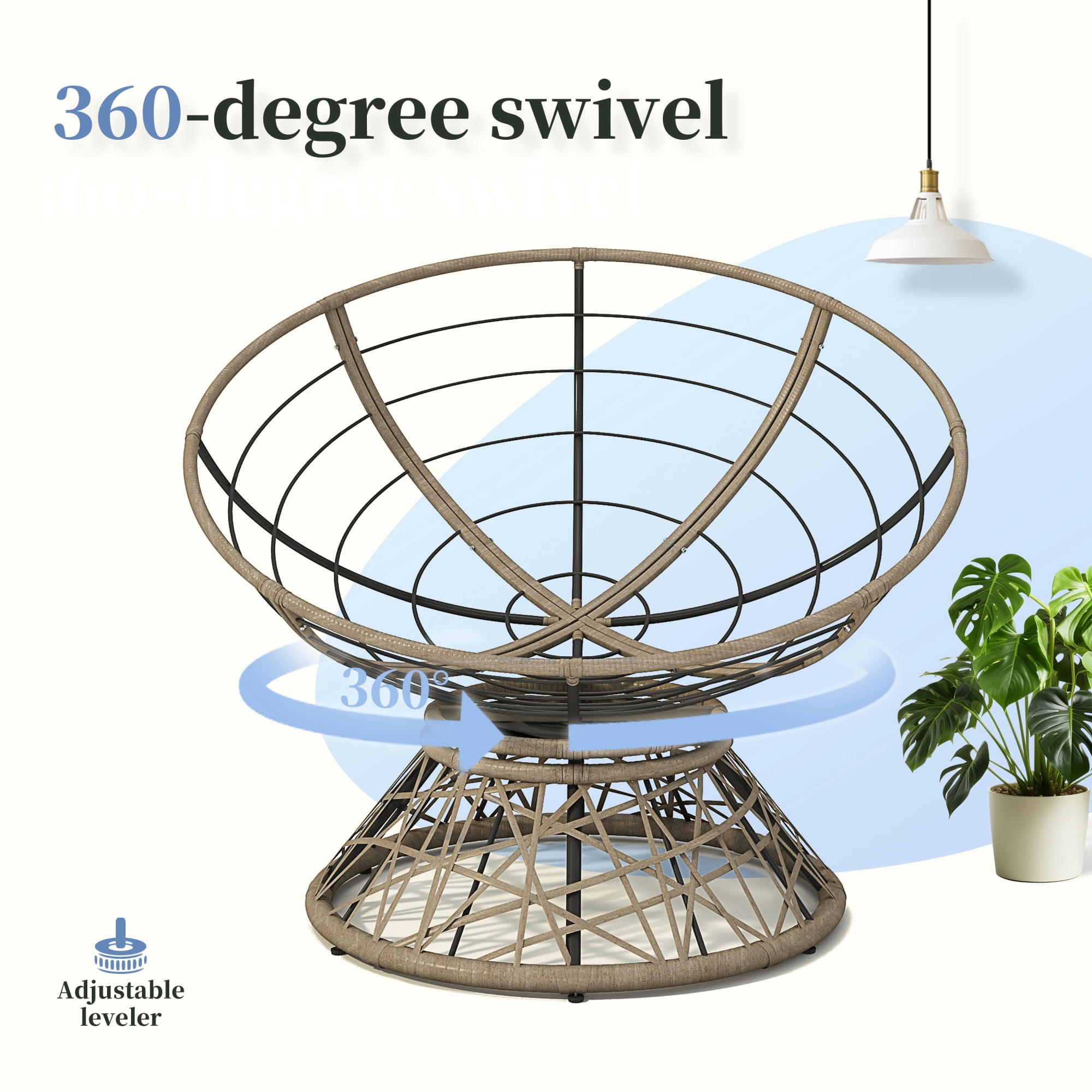 Leumius 40" Papasan Chair, Ergonomic Wicker Chair with Cloud Thick Density Fabric Cushion, Fluid 360 Degree Swivel for Reading,Living Room, Bedroom,Lounge,Gray Base, Black+Brown
