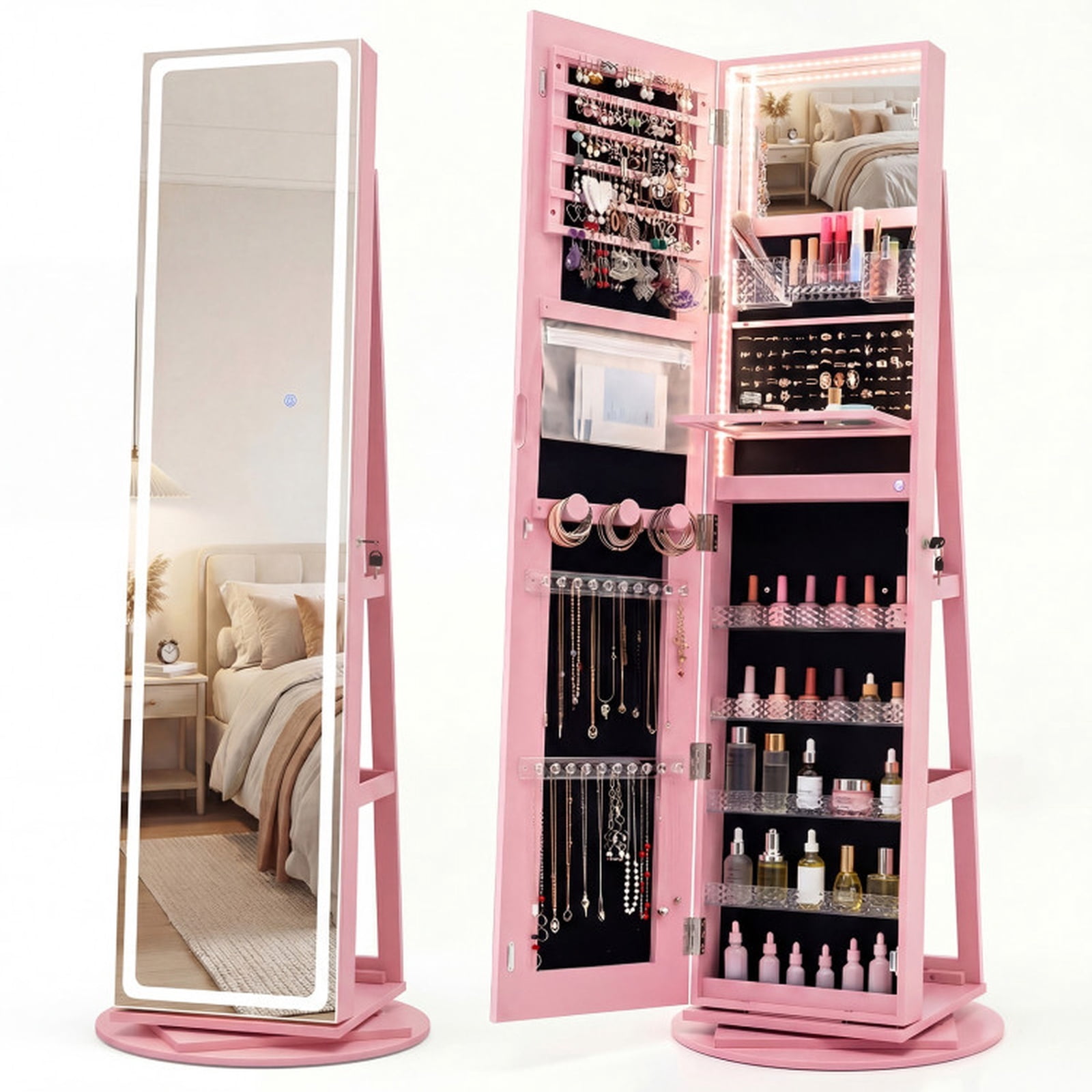 Furnibear Standing Jewelry Cabinet with Adjustable LED Lights for Bedroom Dressing Room Jewelry Necklace Rings Storage Mirror, Pink