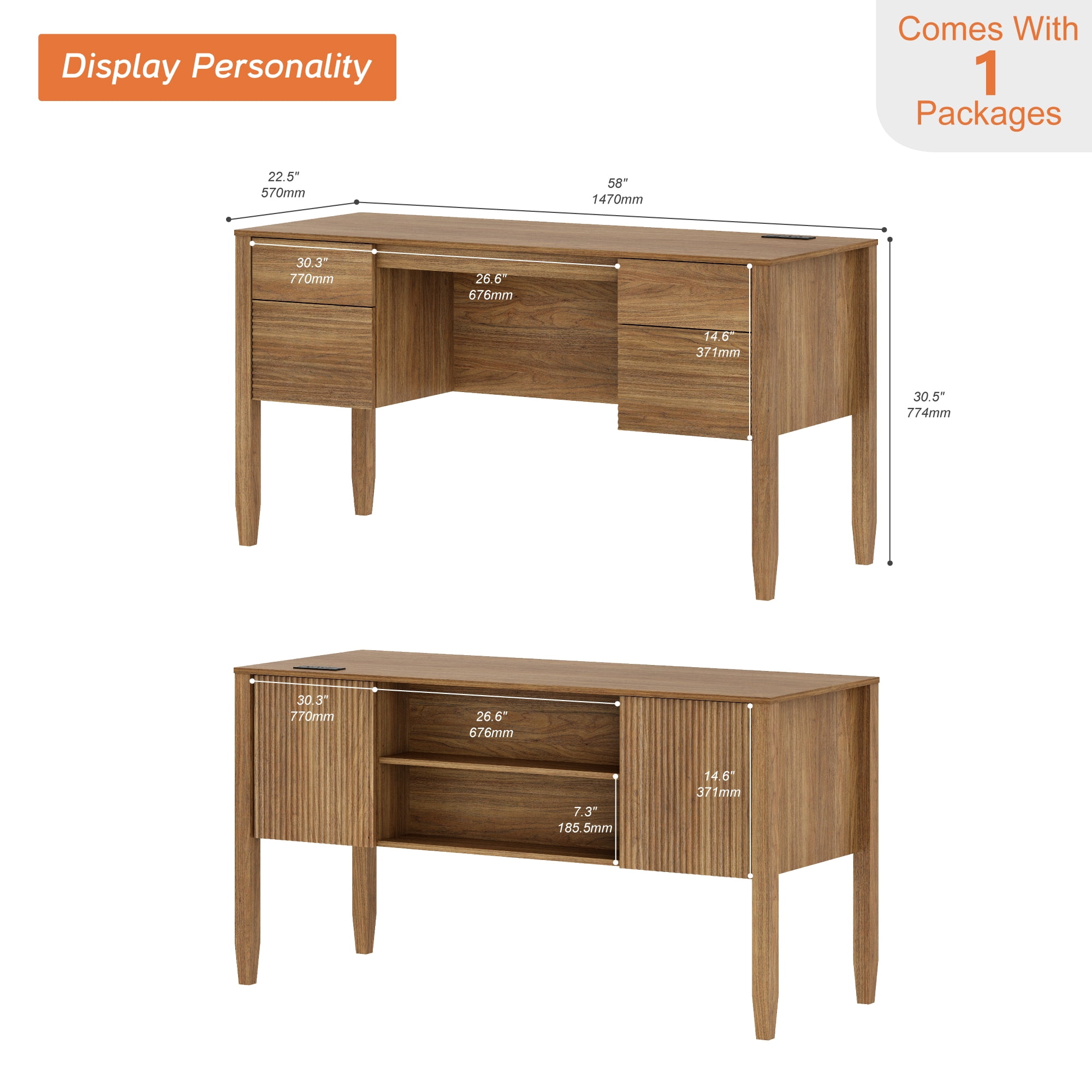 58Inch Fluted Executive Desk with Power Outlet and Doors, Modern Computer Writing Desks with Rear Storage Compartment Design, Home Office Desk with Drawers For Work And Study