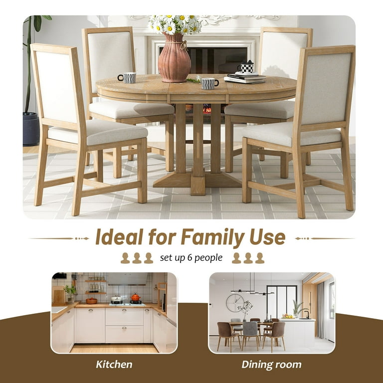 Churanty Farmhouse 5 Piece Kitchen Dining Table Set for 4 Solid Wood Extendable Round Dining Table Set and 4 Upholstered Chairs Retro Functional