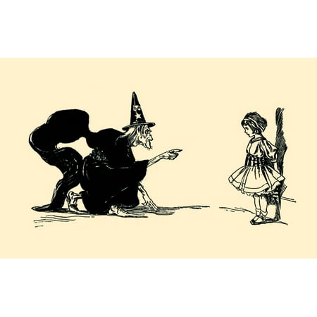 A witch points at a brave little girl Art from Rhyme of the Golden Age 1908  Illustrated by George Reiter Brill  George Reiter Brill was one of the best known American illustrators in the late 19th