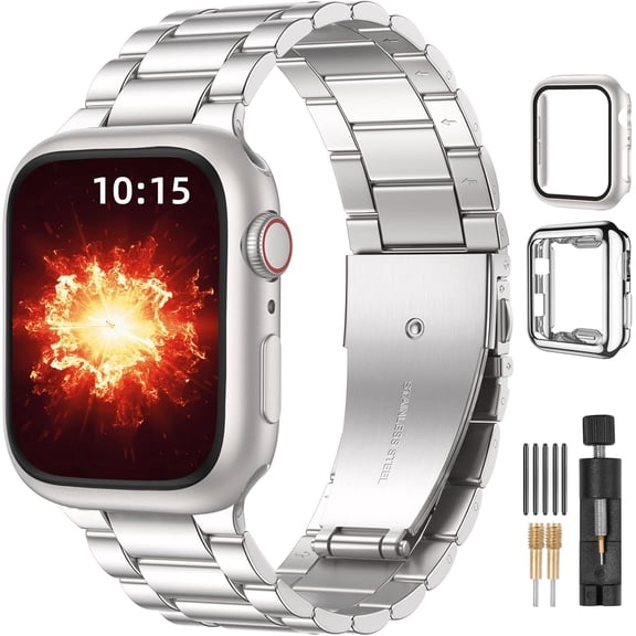 PLUMYHG-Compatible with Apple Watch Band 44mm 42mm 40mm 38mm 41mm 45mm 46m 49mm, Solid Stainless Steel Metal Band with 2 Pack Protective Cover Case for iWtach Series 11 10 9 8 7 6 5 4 3 SE Ultr Men W