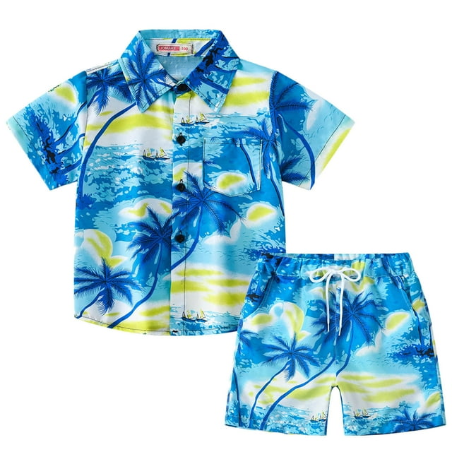 Girls Spring Outfits Summer Short Sleeve Coconut Tree Prints Tops Shorts Two Piece Set Newborn Boy Clothes Blue 3-4 Years