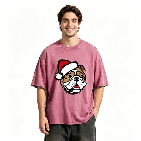 Santa Hat Dog Christmas Tee &ndash; 100% Cotton Washed Snowflake Graphic Unisex Crewneck