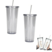 Double Wall Reusable Tumber, Durable Cups for Cold Drinks, Insulated Plastic Tumblers with Lids and Straw, 16 oz Capacity, Clear, 2Pcs