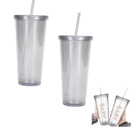 Double Wall Reusable Tumber, Durable Cups for Cold Drinks, Insulated Plastic Tumblers with Lids and Straw, 16 oz Capacity, Clear, 2Pcs