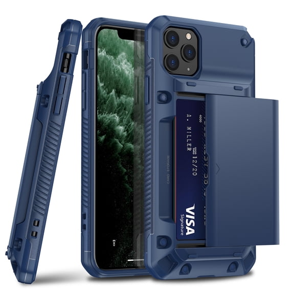 Feishell Case for iPhone 12 Pro Max Case Wallet Credit Card Holder ID Slot Sliding Door Hidden Pocket Men Women Anti-Scratch Dual Layer Hybrid Bumper Armor Protective Hard Shell Back Cover, Blue