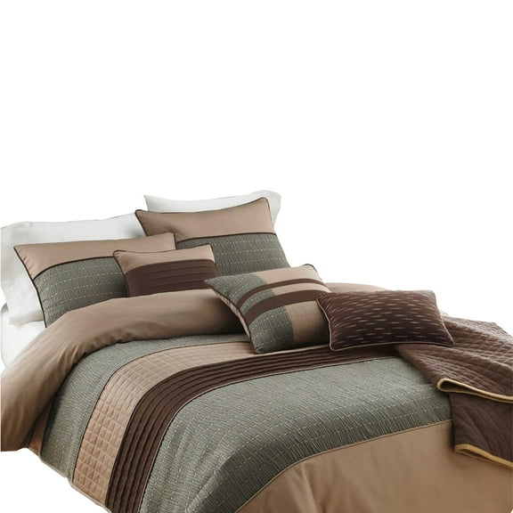 7 Piece King Polyester Comforter Set with Pleats and Texture, Gray and Brown- Saltoro Sherpi