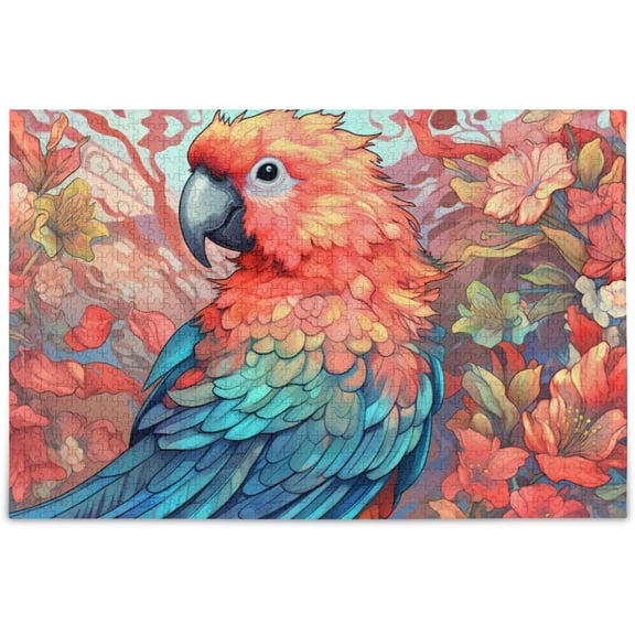 1000 Pieces Wooden Jigsaw Puzzle Beautiful Parrot Flower Print with Alphabet Partition Storage Bag Easy to Solve Stress Relief Brain Teaser Home Decor Unique Gift for Adults Parrot Lovers