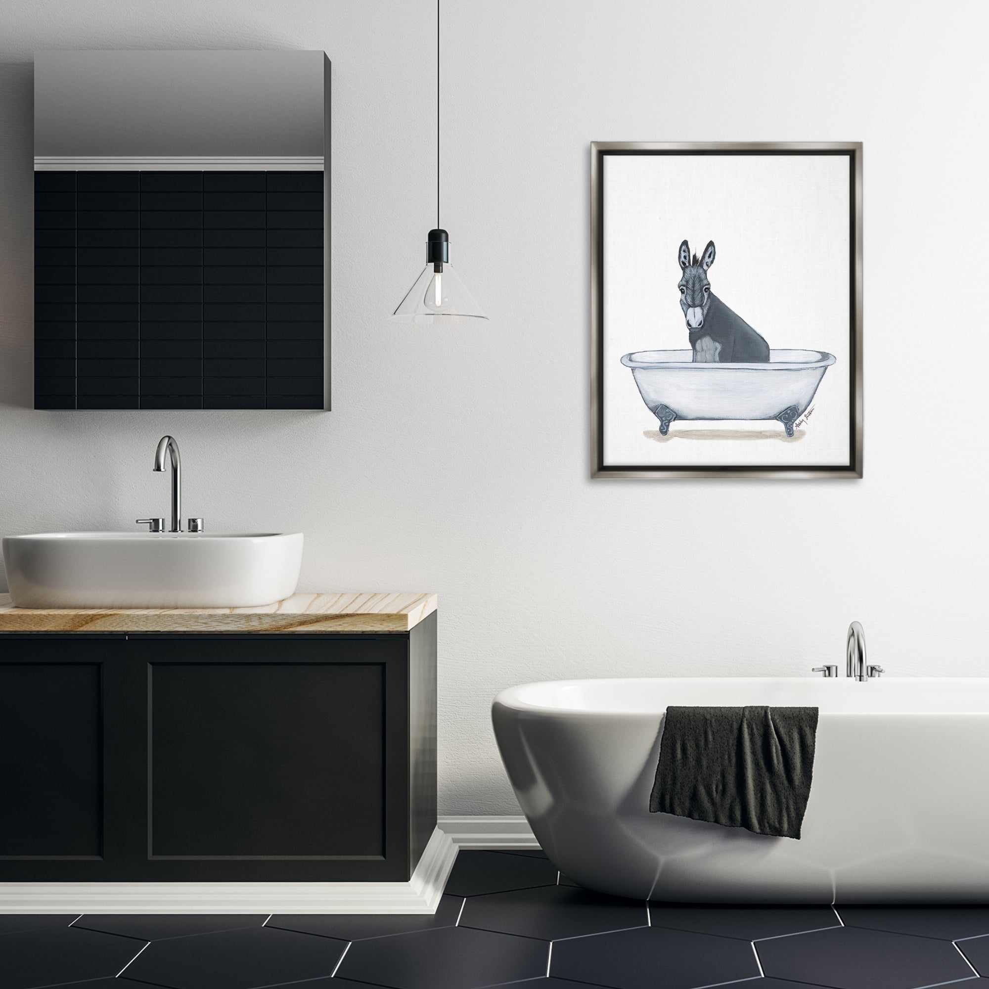 Stupell Industries Donkey in Tub Sketch Bath & Laundry Painting Gray Floater Framed Canvas Art Print Wall Art, 25 x 31