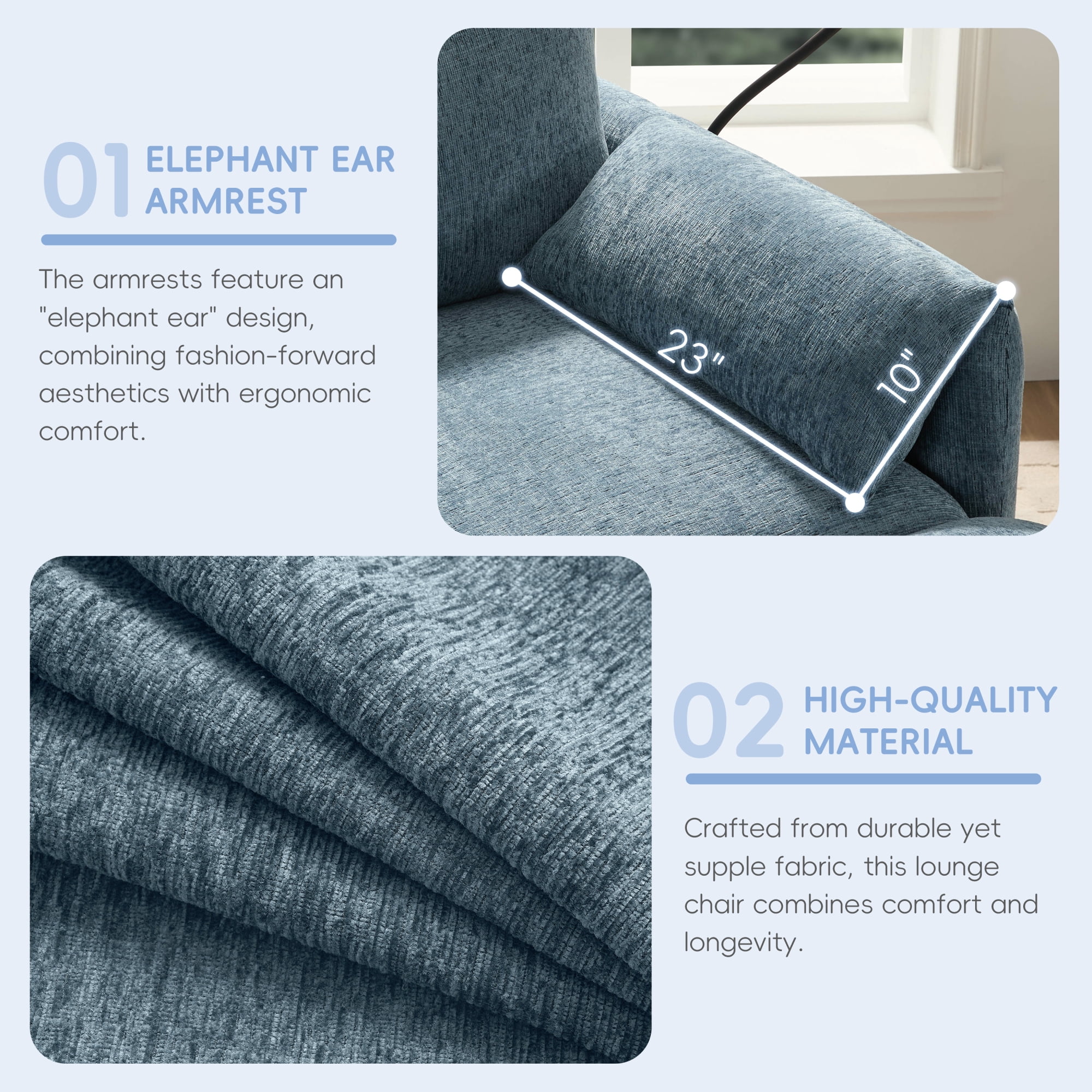38" Accent Chair with Storage Ottoman, Single Sofa with USB Charger and Phone Holder, Wide Seat Chaise Lounge for Living Room&Apartment,Blue