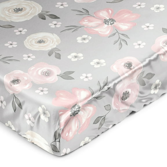 Sweet Jojo Designs Watercolor Floral Grey Girl Satin Fitted Crib Sheet