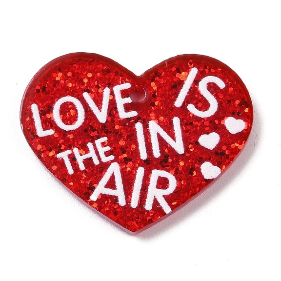 50pcs Valentine's Day Printed Opaque Acrylic Pendants Heart with Love Is In The Air with Paillette Red 19.5x24.5x2.5mm Hole: 1.6mm