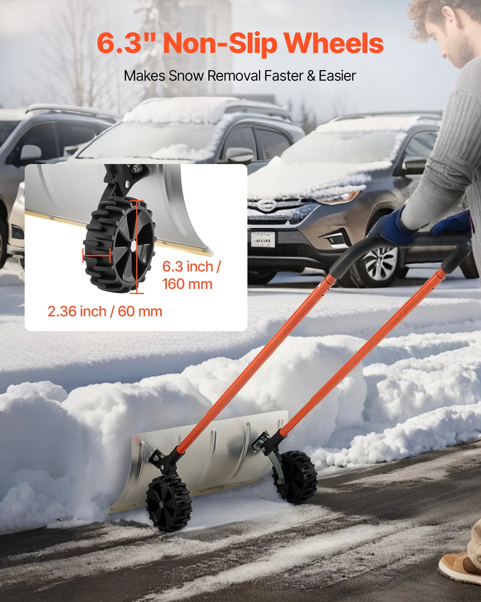 VEVOR Snow Pusher Shovel with Wheels,24 in Wheeled Snowplow Shovel with Bi-Directional Angled Blade & 90 Degree Adjustable Handle, Metal Winter Shovels, Portable Snow Removal Tool for Driveway Garden