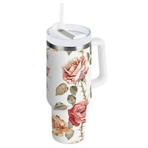 JSTEL Rose Flowers Watercolour 30 oz Tumbler Stainless Steel Water Bottle Vacuum Insulated Cup with Straw Lid & Handle For Travel Car Cup Holder