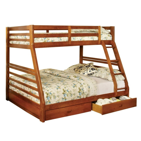 Transitional Style Twin Over Full Bunk Bed with Drawers in Oak Brown