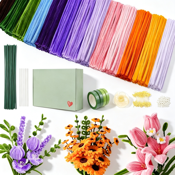 800-Piece Pipe Cleaner Flower Kit, Colorful Fuzzy Stems With Craft Wire And Tape, DIY Handmade Bouquet For Floral Arrangement And Home Decor.
