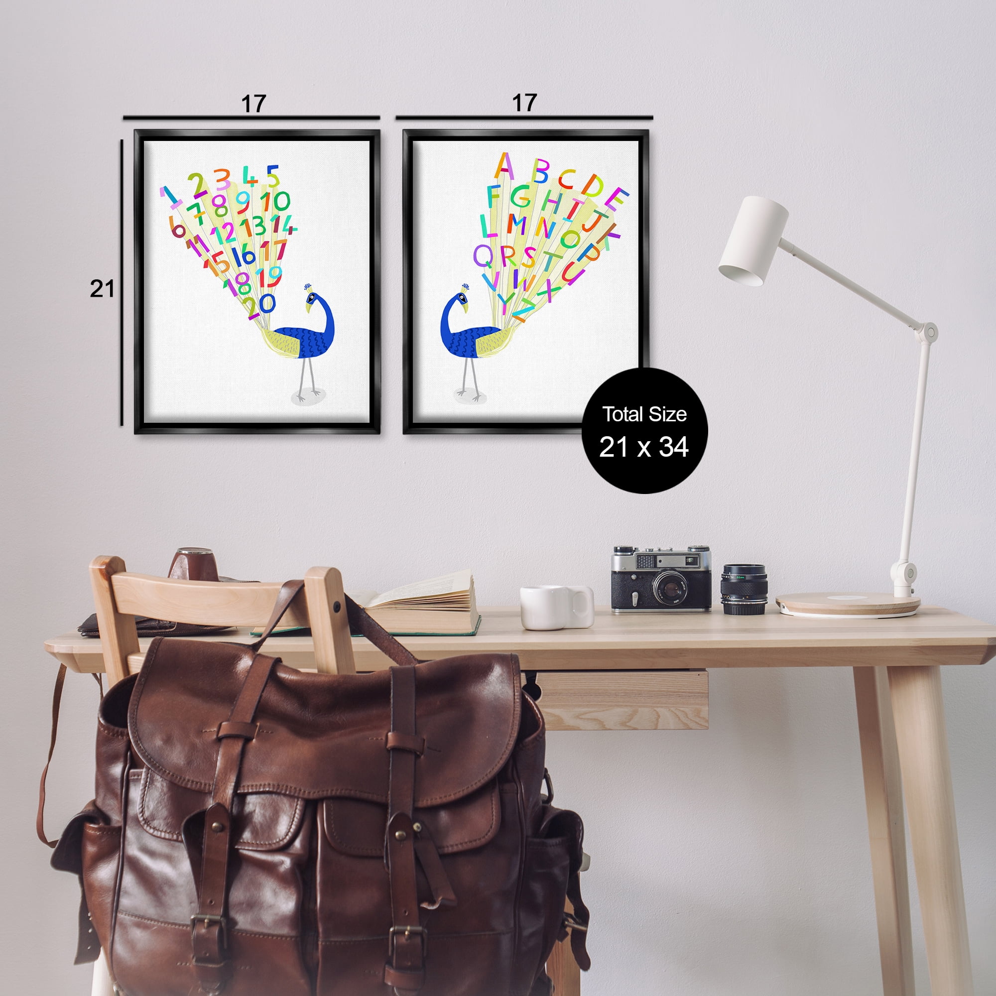 Stupell Industries Peacock Alphabet Numbers Education Painting Black Floater Framed Canvas Art Print Wall Art, 17 x 21, Set of 2
