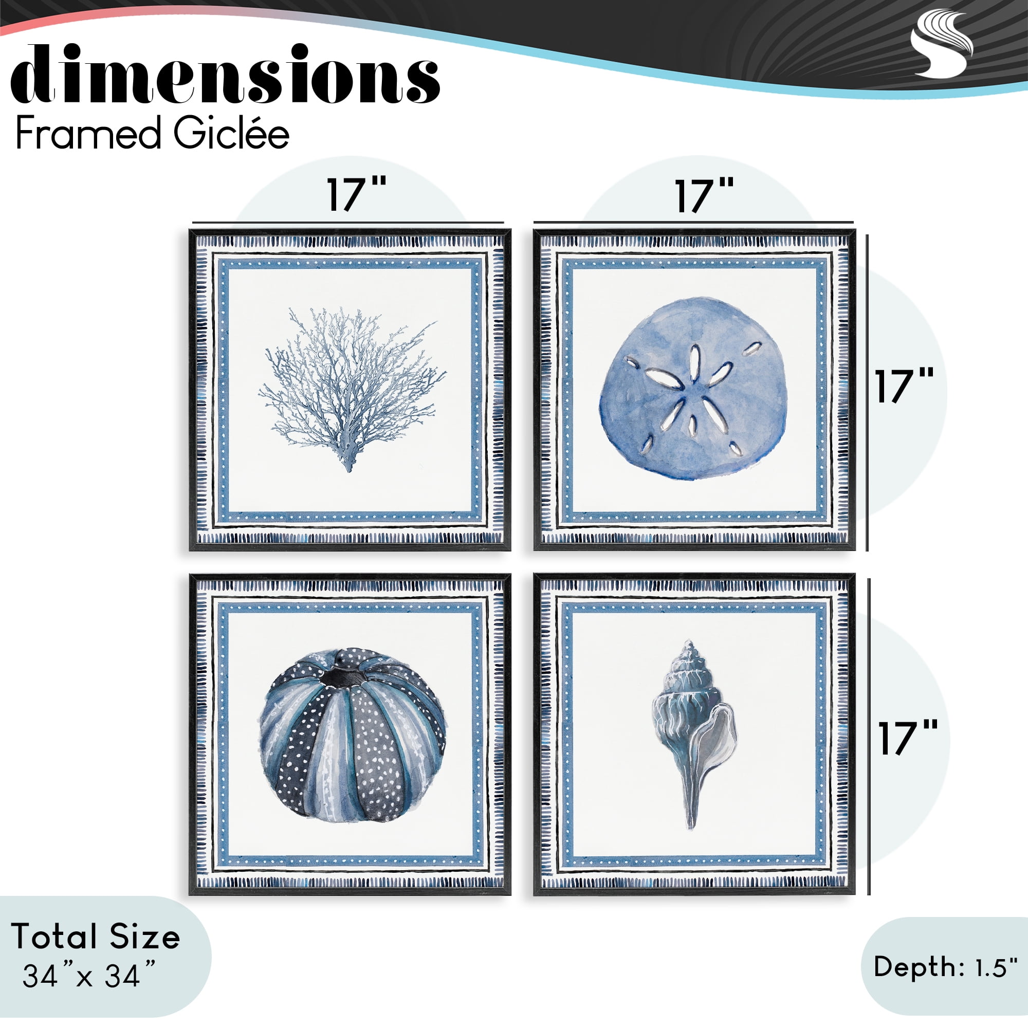 Stupell Industries Coastal Teal Bordered Coral 4 Piece Black Framed Giclee Art Set, design by Lanie Loreth